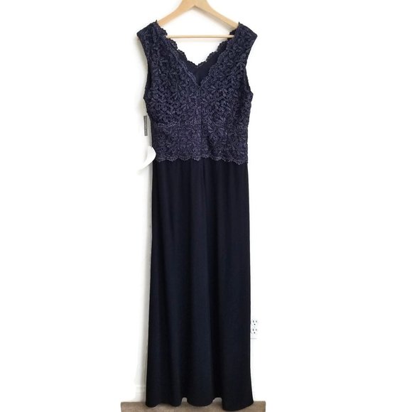NWT Alex Evenings Surplice Neck Scallop A-Line Dress Navy Metallic Bodice Sz 12 - Picture 5 of 8